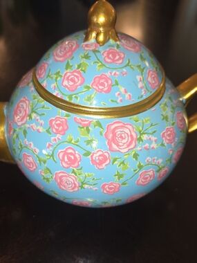 David's Cookies Alice Through The Looking Glass Aqua Printed Tea Pot Cookie Jar